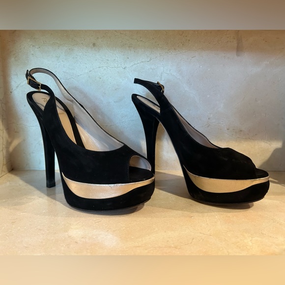 Fendi Black Suede and Metallic Gold Stilettos - Picture 2 of 6